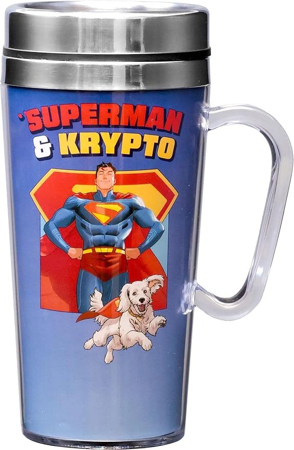 Spoontiques DC Comics Insulated Travel Mug, 14oz - Double Wall Stainless & Acrylic Drink Cup with Twist Top Lid & Handle - Superman Legacy