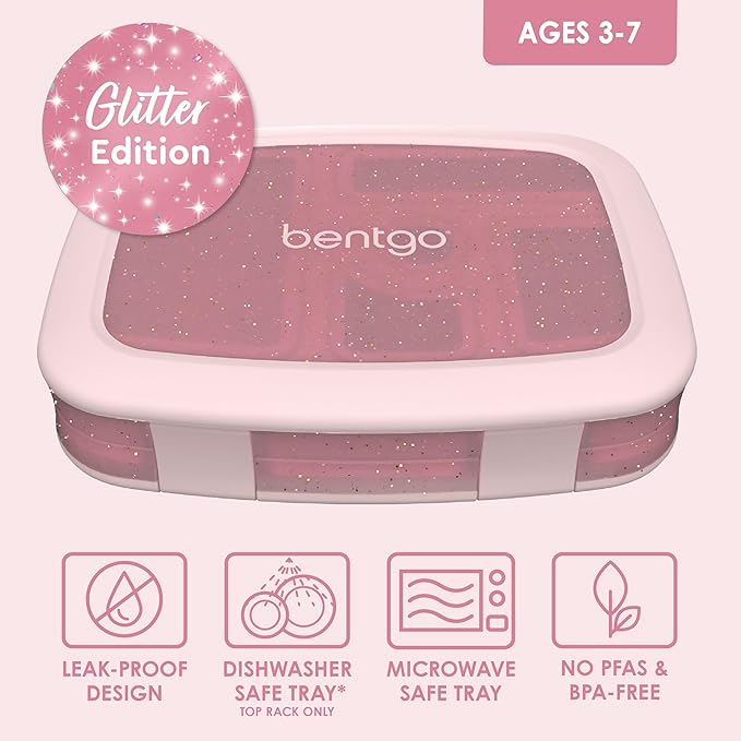 Bentgo Kids 5-Compartment Lunch Box - Glitter Design for School, Ideal for Ages 3-7, Leak-Proof, Drop-Proof, Dishwasher Safe, & Made with PFAS & BPA-Free Materials (Glitter Edition - Petal Pink)