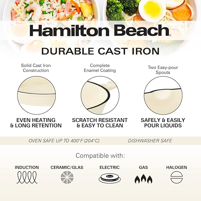 Hamilton Beach Enameled Cast Iron Fry Pan 8-Inch Cream, Cream Enamel Coating, Skillet Pan for Stove Top and Oven