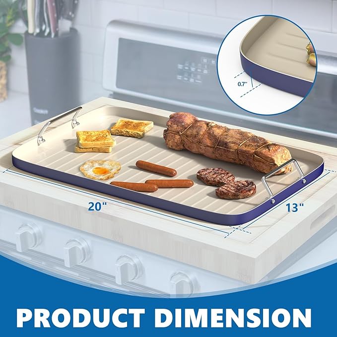 SafBbcue 20" x 13" Ridged Surface Griddle Pan, Double Burner Non-Stick Ceramic Coated, for Outdoor Gas Pellet Grill Stove Top, Oven & Broiler for Weber Charbroil Camp Chef Grill, Blue