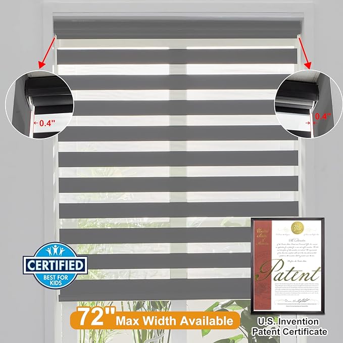 Persilux Cordless Zebra Blinds for Windows (35" W X 72" H, Black) Free-Stop Dual Layer Roller Windows Shades for Day and Night, Light Filtering Sheer Shades for Home, Easy to Install