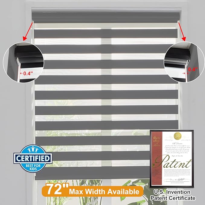 Persilux Cordless Zebra Shades (47" W X 72" H, Black) Free-Stop Window Shades Dual Layer Light Control for Day and Night, Light Filtering Sheer Blinds for Windows, Easy to Install