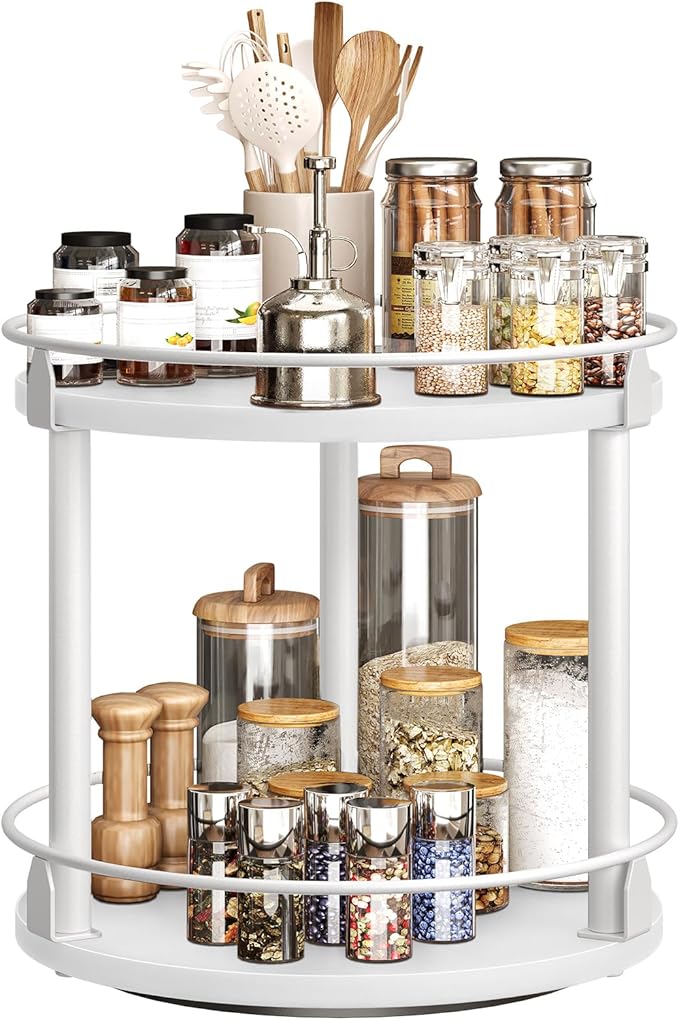 Lazy Susan Organizer, Rotating Spice Rack, 2 Tier Spice Turntable Organizer, Industrial Turntable Spice Holder, for Kitchen Countertop, Compact and Versatile, White SR22WW