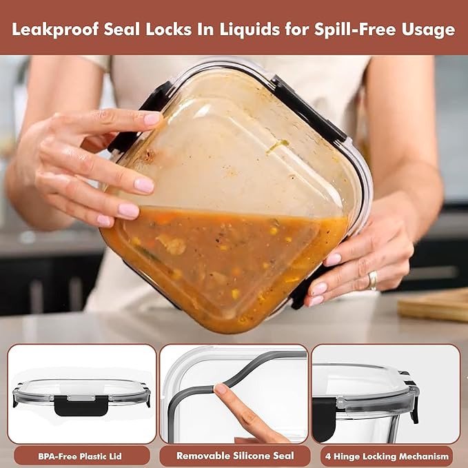 Razab 2 PC 1200ML / 42 Oz Glass Food Storage Containers with Lids - Airtight & Leakproof - Microwave/Oven/Freezer Safe - BPA Free - Ideal for Meal Prep, Storing Leftover & Lunch