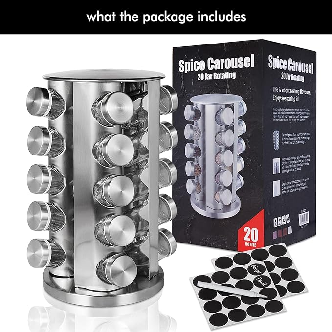 Baker Boutique Spice Rack, Spice Organizer for Countertop, Empty 20-Jars Rotating rack, Spinning flavoring Rack Shelf, Revolving Rack for Kitchen (Silver)