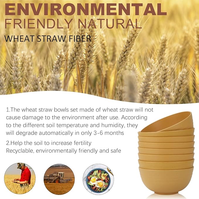 Homienly Unbreakable Cereal Bowls, Wheat Straw Bowl Set 8 PCS, Microwave and Dishwasher Safe Bowl for Soup, Cereal, Salad, Snack, Rice, Reusable Plastic Bowls for Kitchen, RV, Gathering (Yellow,26 OZ)