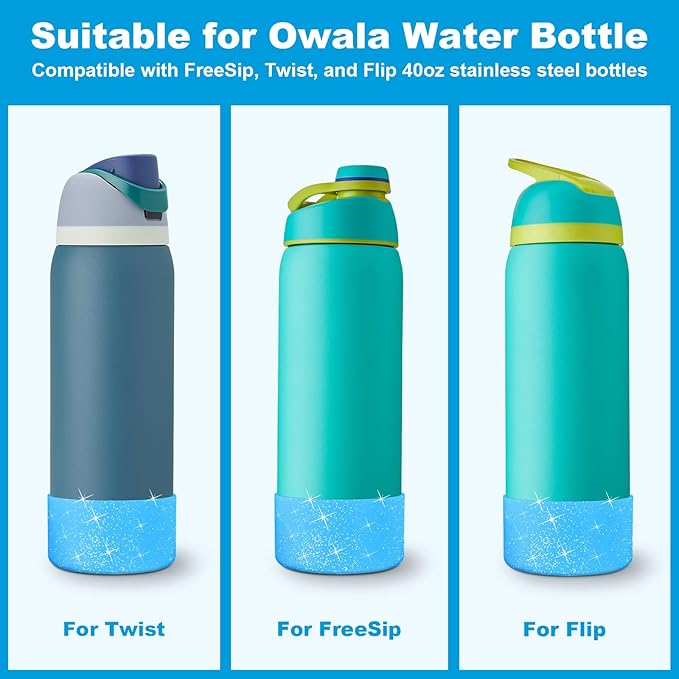 2PCS Silicone Water Bottle Boot for Owala 40oz, Protective Bottom Bumper Anti-Slip Sleeve for FreeSip, Twist, and Flip Stainless Steel Bottles, Dishwasher Safe and BPA Free(Shiny Blue)