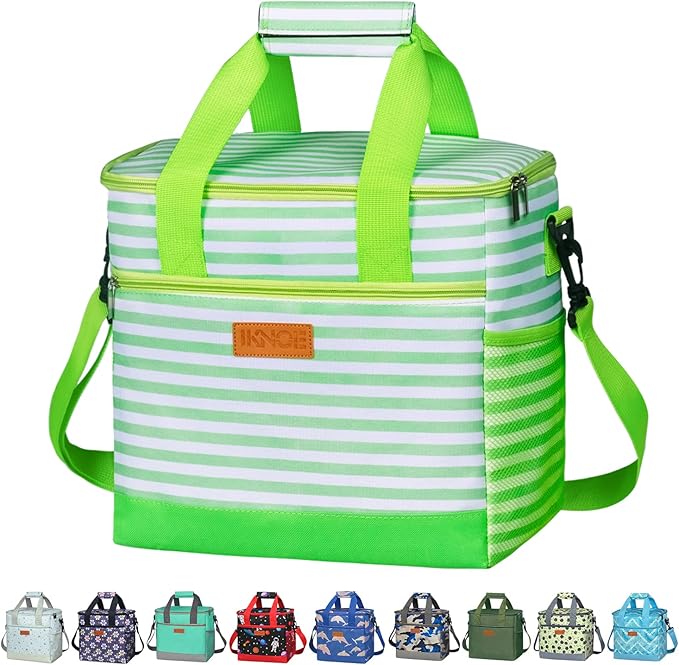 Iknoe Large Cooler Bag Collapsible 24 Can Insulated Bags Leakproof Lunch Cooler Tote with Multi-Pockets for Adult Insulated Thermal Bag for Beach, Picnic, Office Work(Green Stripe)
