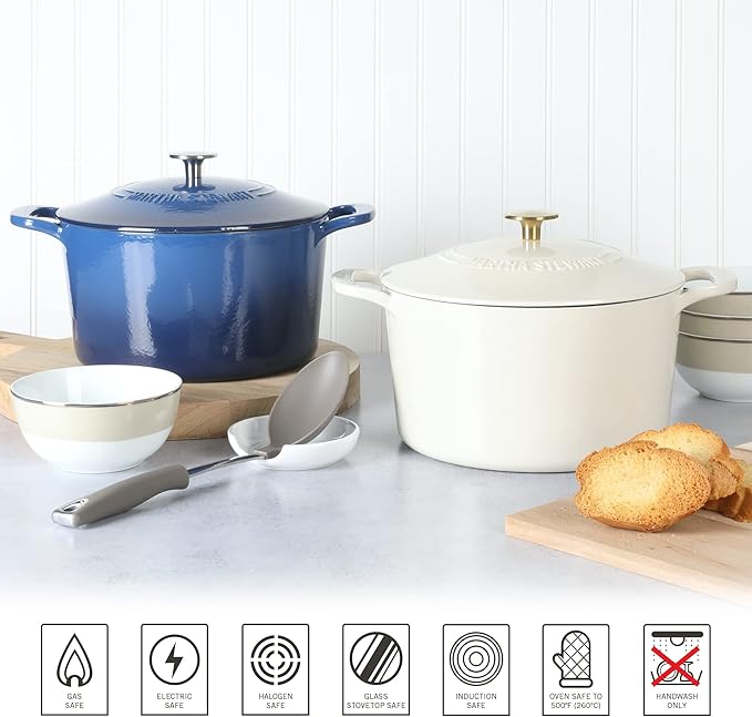 MARTHA STEWART Gatwick 7-Quart Enamel Cast Iron Dutch Oven – Martha Blue – Heavy-Duty Dutch Oven for Slow Cooking, Braising & Baking