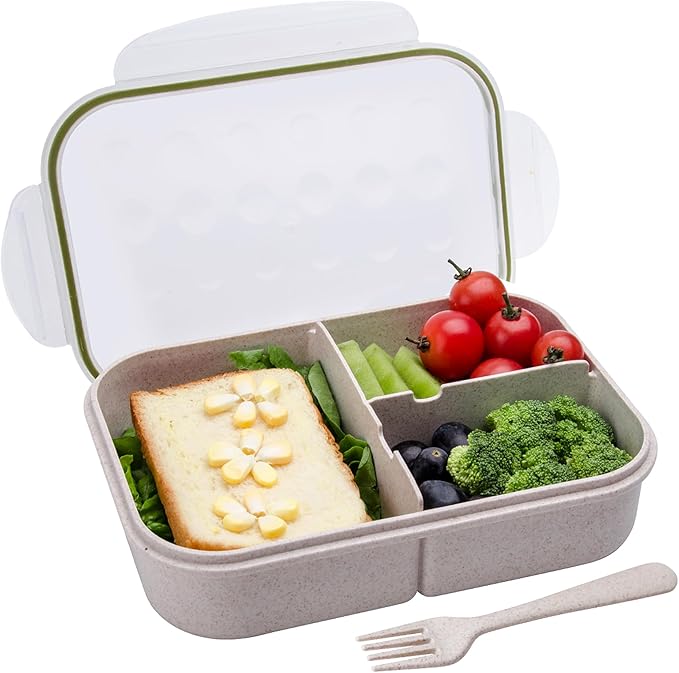 Wheat Straw Bento Box Adult, Leakproof Lunch Box Kids, BPA-Free Microwave Safe Lunch Containers with 3 Compartments (White, Regular Size)