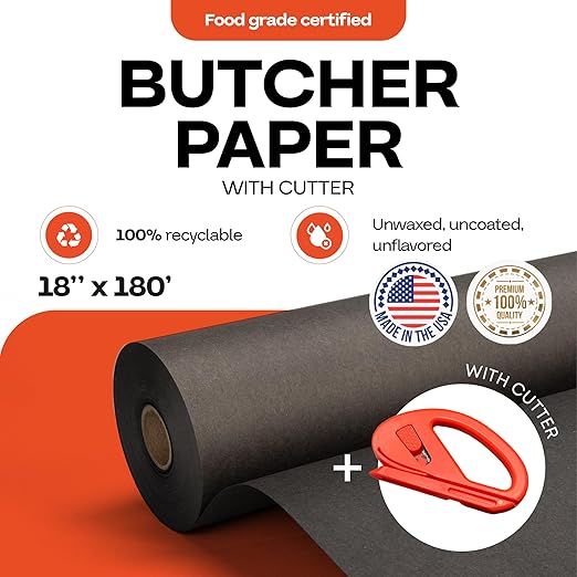 Black Butcher Paper 18" x 2160" (180 feet) with Cutter - USA-Made Natural Butcher Paper Roll for Meat & Fish - Uncoated Food-Grade Material for Grilling - BBQ Papers for Smoking by IDL Packaging