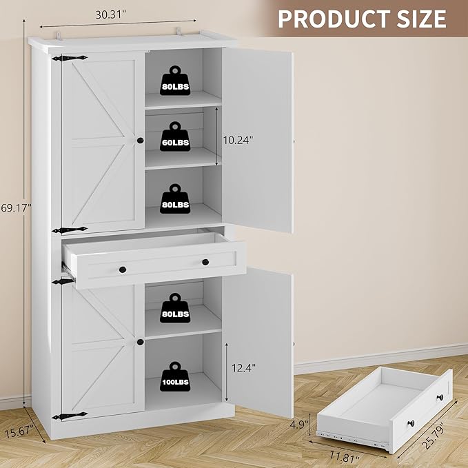 Pantry Organizers and Storage Cabinet, 70” Barn Door White Kitchen Cabinet with Drawers and Adjustable Shelf, Tall Pantry for Kitchen, Dining Room, Living Room Bedroom