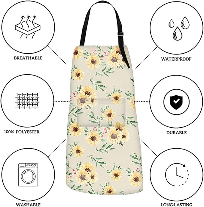Britimes Sunflower Flower Summer Vintage Spring Apron Home Kitchen Cooking Baking Gardening for Women Men with Pockets 32x28 inch
