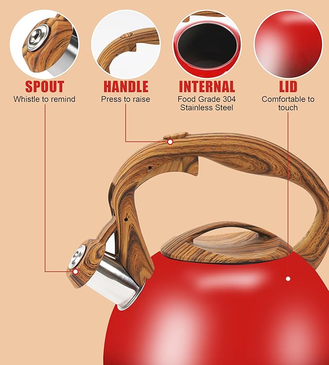 Festive Red Stovetop Whistling Tea Kettle 3.2 Quart - Stainless Steel with Wood Grain Handle, Loud Christmas Whistle for Boiling Water, Holiday Cocoa & Milk, Easy-Pour Spout Classic Design