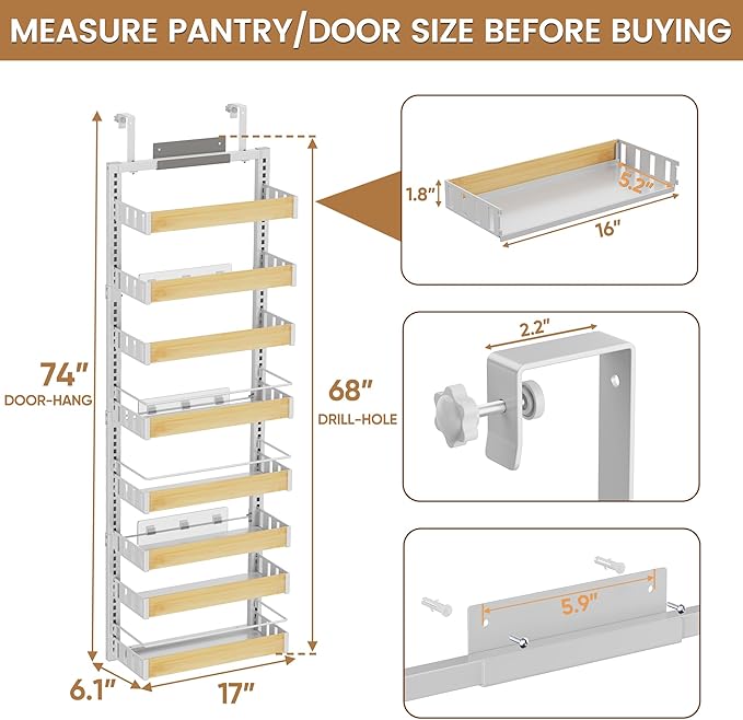 8 Tier Over The Door Pantry Organizer, 2 IN 1 Wall Mount or Hanging Spice Rack Seasoning Shelves with Adjustable Basket, Back of Door Organizer and Storage for Kitchen Cabinet and Room Closet