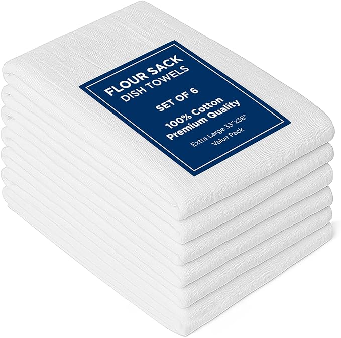 ROYALE LINENS Flour Sack Dish Towels - Kitchen Towel - Super Absorbent Flour Sack -100% Ring Spun Cotton -Tea Towels - for Embroidery, Cloth Diapers, Cheese Strainers (White - 33" X 38" Pack of 6)