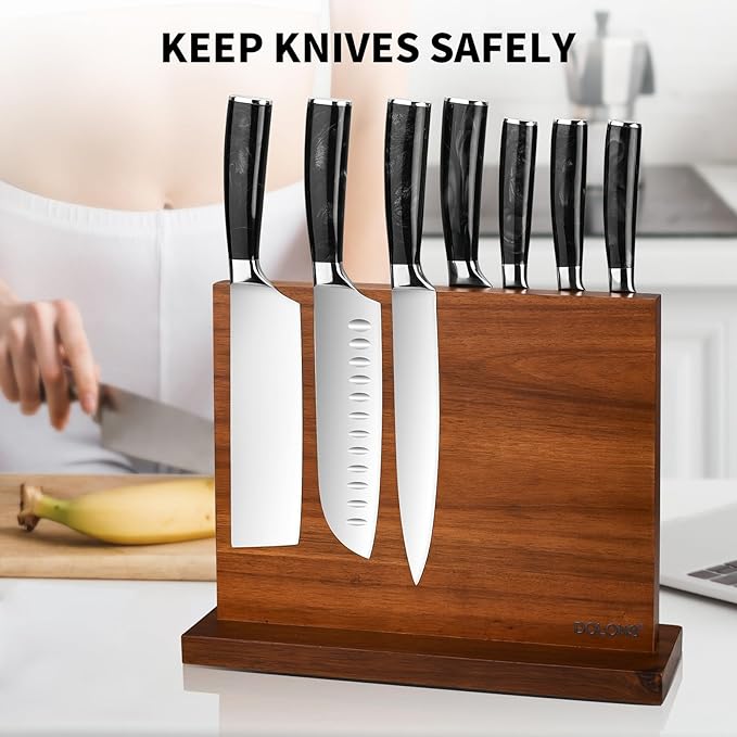 Magnetic Knife Block, Thickened Acacia Wood Kitchen Knife Holder Stand with Strong Magnets, Multifunctional Double Side Knife Storage Organizer for Kitchen Counter (Brown)