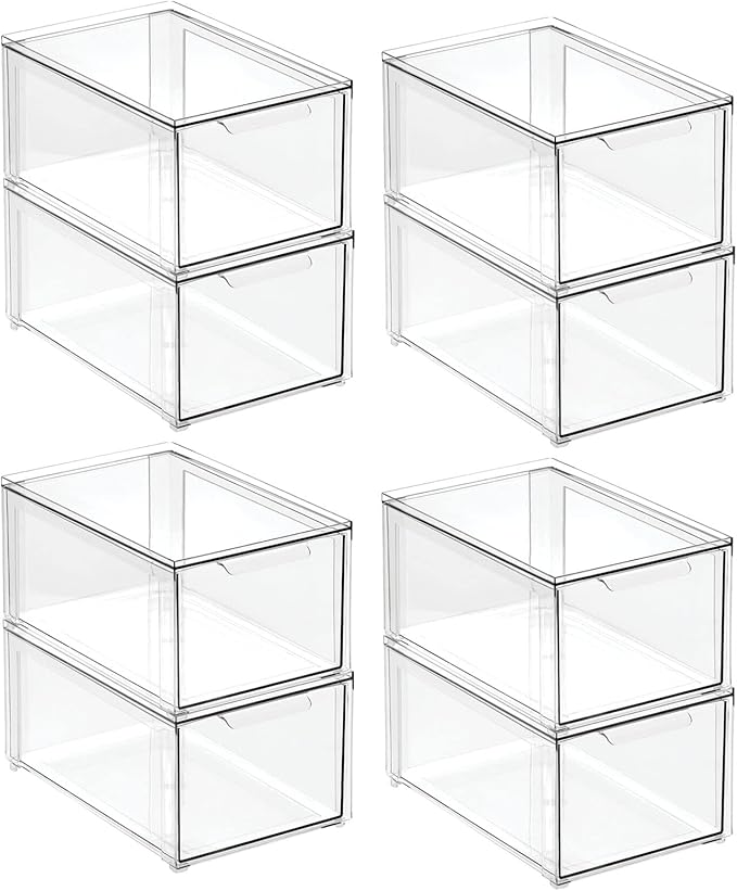 mDesign Plastic Stackable Bathroom Storage Organizer Bin with Pull Out Drawer for Cabinet, Vanity, Shelf, Cupboard, Cabinet, or Closet Organization - Lumiere Collection - 8 Pack - Clear