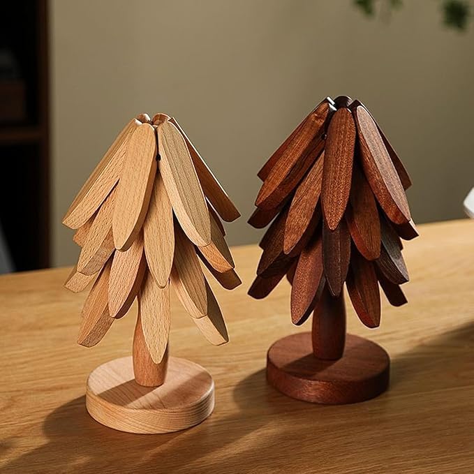 Natural Wood Tree Trivet Set, 𝐍atural Tree Trivet Set - 4 Wooden Trivets,4 Wooden 𝐓rivets & 1 Stand Like a Christmas Trees,for Hot Dish,Pot,Bowl,Teapot,Hot Pot Sets (Walnut Finish 3 Trivets,2set)