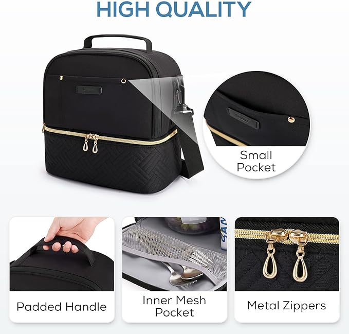 TOURIT Lunch Bag Women Double Deck Lunch Box Insulated Lunch Cooler for Women Men Work, Black
