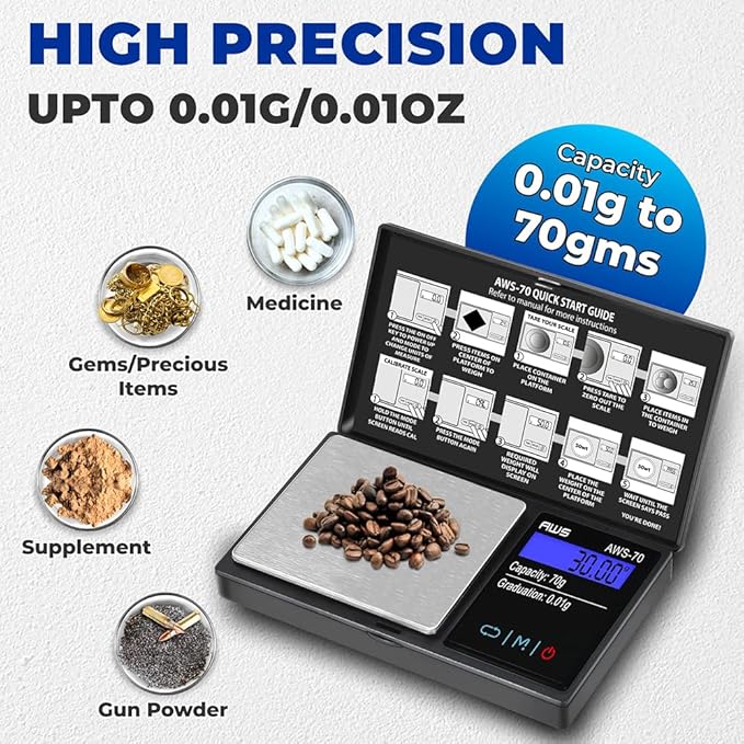 American Weigh Scales 70g x 0.01g Digital Pocket Weight Scale | Precision Digital Scale LCD Display Grams Ounces, Jewelry Scale, Small Pocket Food Scale, Electronic Lab Scale, Medicine Scale
