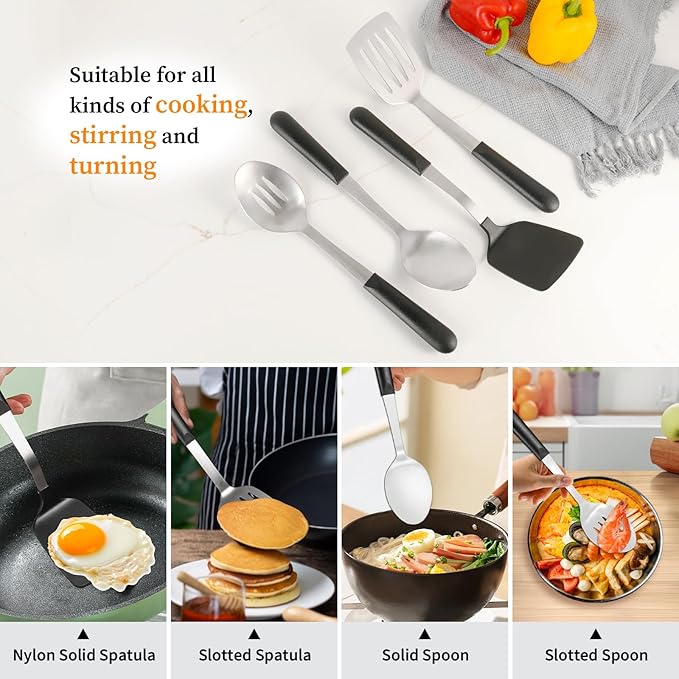 Stainless Steel Cooking Utensils Set, 4-piece Kitchen Utensil Set with PP Handles, Dishwasher Safe, Non-Stick and Heat Resistant, Spoons, Spatula for Cooking