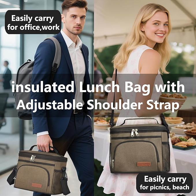 ExtraCharm Insulated Lunch Bag for Women/Men - Reusable Lunch Box for Office Picnic Hiking Beach - Leakproof Cooler Tote Bag Organizer with Adjustable Shoulder Strap for Adults - Dark yellow