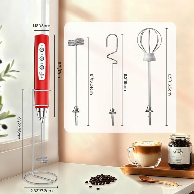 Milk Frother Handheld Rechargeable with Stand, Frother Wand Drink Mixer Electric Whisk for Coffee, Detachable With 3 Stainless Whisks, Hand Mixer for Lattes, Cappuccino, Matcha, Egg, Red