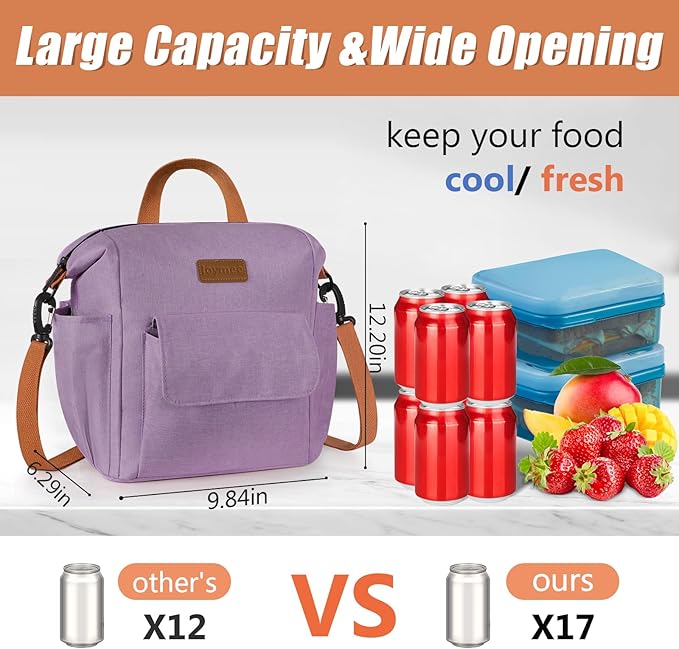 Joymee Lunch Bag Women Insulated Lunch Box Reusable Leakproof Large Spacious Cooler Tote for Women Men Adult with Bottle Holder and Side Pockets for Work Office Travel Picnic -08 Purple