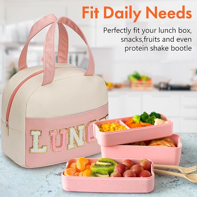 Lunch Bag for Women Insulated For Men PU leather Small Office Work lunch with Chenille Letters Leakproof Freezable Cooler Reusable Portable Box (White&Pink)