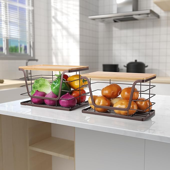 ALOCEO 2 Pack Stackable Wire Storage Basket with Bamboo Lip, Trash Bag Dispenser Under Sink for 4-13 Gal Bags, Kitchen Storage Bins for Potato and Onion, Brown