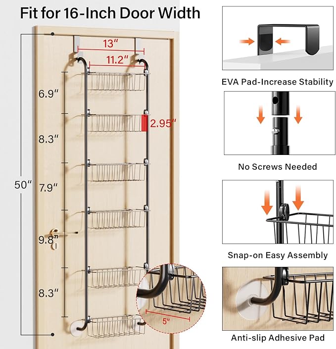 Delamu Narrow Over the Door Pantry Organizer, 6-Tier Metal Pantry Door Organization and Storage for Easy Install, Hanging Spice Rack Seasoning Shelves for Cabinet & Kitchen, D5 x W13 x H50 inch, Black