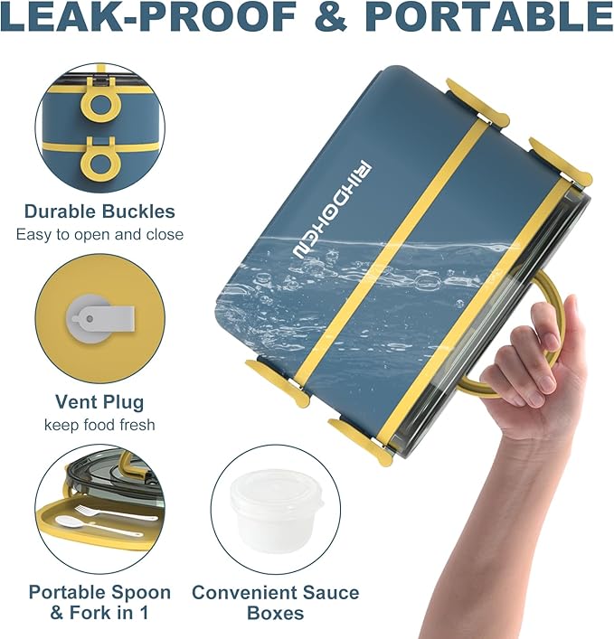 Lunch Box, Stackable 2 Layers Containers, Portable 64OZ Large Capacity Leakproof Bento Box with Spoon & Fork & Sauce Boxes, Microwave Safe Lunch Box for Kids and Adults