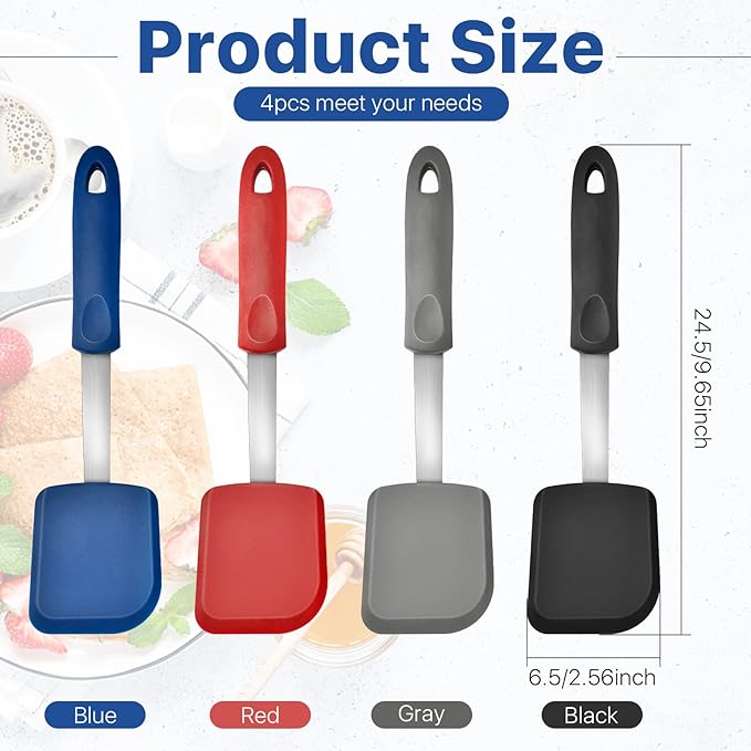 4 pcs Silicone Spatula, Heat Resistant Silicone Cookie Spatula Turner, No Scratch Flipper Baking Utensils, Small Spatulas Turner for Nonstick Cookware, Pancake (Gray, Blue, Black, Red)