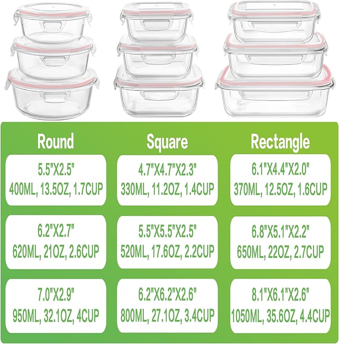 HOMBERKING Glass Food Storage Containers with Lids, [18 Piece] Glass Meal Prep Containers, Airtight Lunch Bento Boxes, BPA-Free & Leak Proof (9 lids & 9 Containers) - Pink
