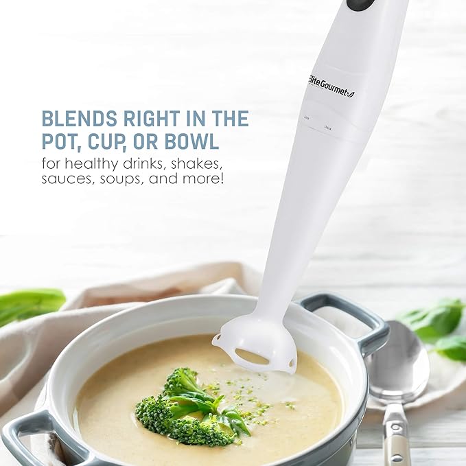 Elite Gourmet EHB2400W Electric Immersion Hand Blender, Mixer, Chopper, 1-Touch Control Multi Purpose Electric Immersion Stick, Mixer, Chopper, 150 Watts, For Soups, Sauces, Baby Food, White