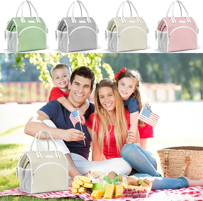 LOKASS Lunch Bag Women Insulated Lunch Box Wide-Open Lunch Tote Bag Large Waterproof Cooler Bag for Work Picnic Hiking Beach（Beige）