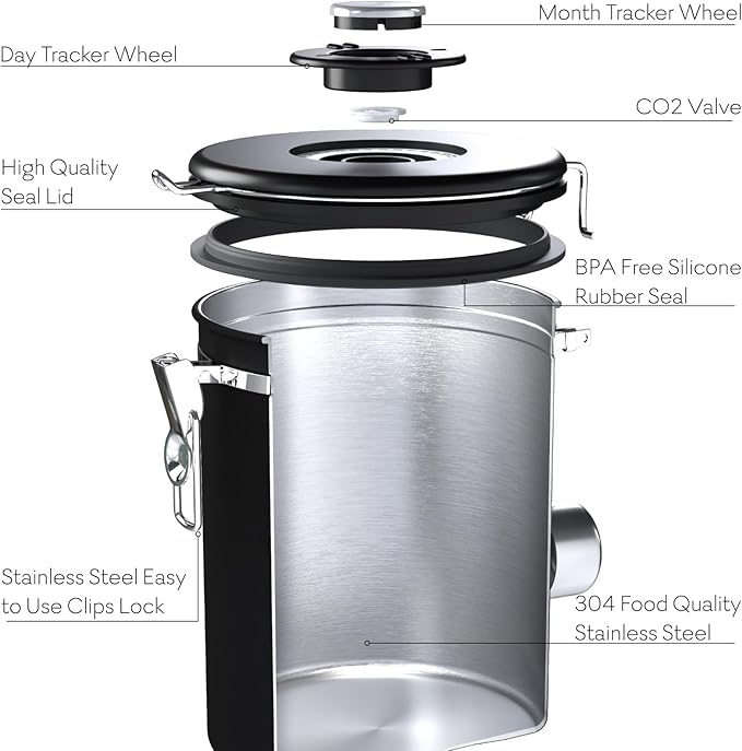 Large Coffee Canister – Airtight Stainless Steel Storage Container with Date Tracker & Scoop, Sealed Jar for Grounds, Beans, Tea, Flour, Cereal, and Sugar (Black Esspresso, 38OZ)