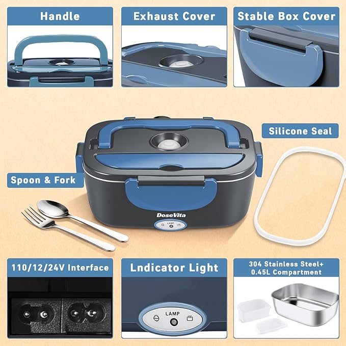 Electric Lunch Box for Adults, 80W Heated Lunch Box, 1.5L Stainless Steel Container | 12V/24V (Car/Truck) & 110V (Office/Home) | with Fork&Spoon and Insulated Carry Bag