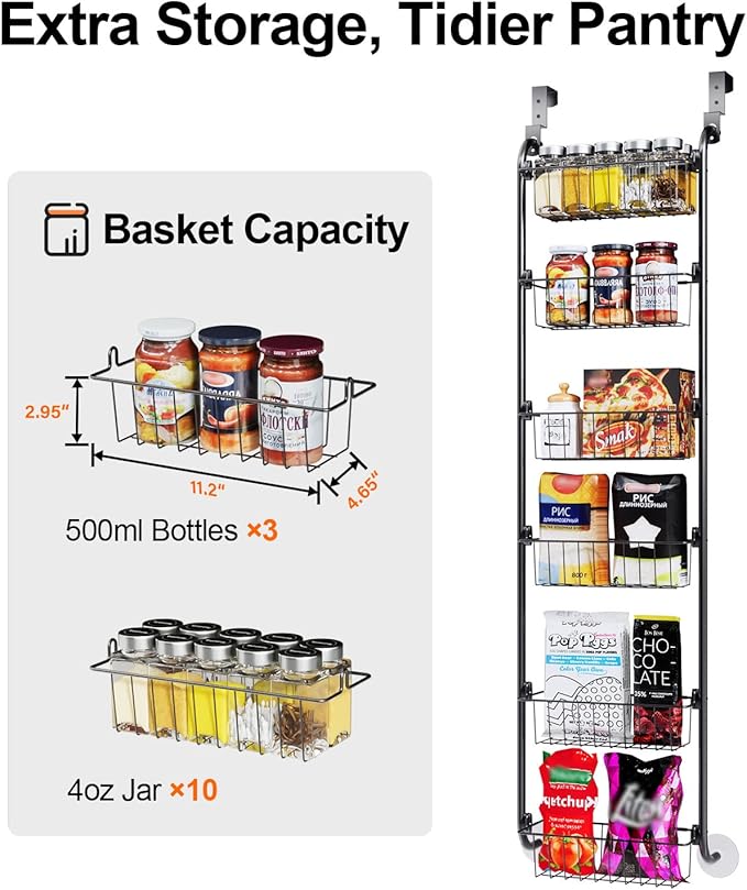 Delamu Narrow Over the Door Pantry Organizer, 6-Tier Metal Pantry Door Organization and Storage for Easy Install, Hanging Spice Rack Seasoning Shelves for Cabinet & Kitchen, D5 x W13 x H50 inch, Black