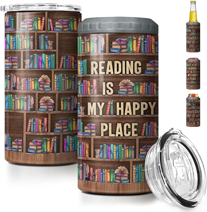 SANDJEST Book Lovers Tumbler Bookshelf 4 in 1 12oz Tumbler Can Cooler Coozie Skinny Stainless Steel Tumbler Gift for Librarian Book Lover Women Readers Bookworm Christmas Holiday Birthday