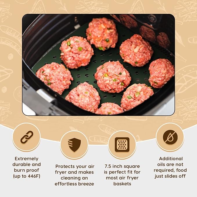 Reusable Square Silicone Air Fryer Liners (7.5 Inch, 3 Pack) by Linda’s Essentials - Non-Stick, Easy-Clean Accessories with Cheat Sheet & Recipe Book, Perfect for Quick Meals