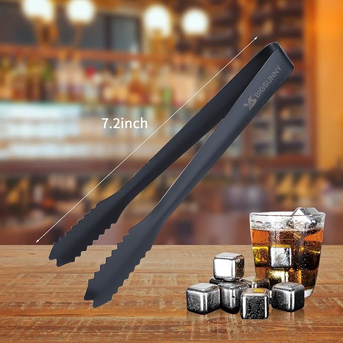 MSY BIGSUNNY 7 Inch Ice Tongs for Ice Bucket, Thickened Stainless Steel Small Serving Tongs, Mirror Polished Metal Tongs (Set of 2, Black)
