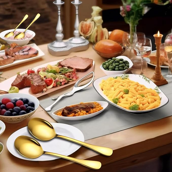 Stainless Steel Serving Spoons Set, 6pc, 10-Inch, Includes 6 Large Spoons, for Parties/Kitchen/Buffet/Catering, Dishwasher Safe, Gold