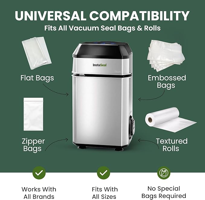 InstaSeal Vacuum Sealer for Food with 12 Bags, Preserves Foods 5x Longer, Space Saving Compact Upright Design Allows Machine to Seal Marinades, Soups, Meats for Sous Vide Cooking, Vegetables