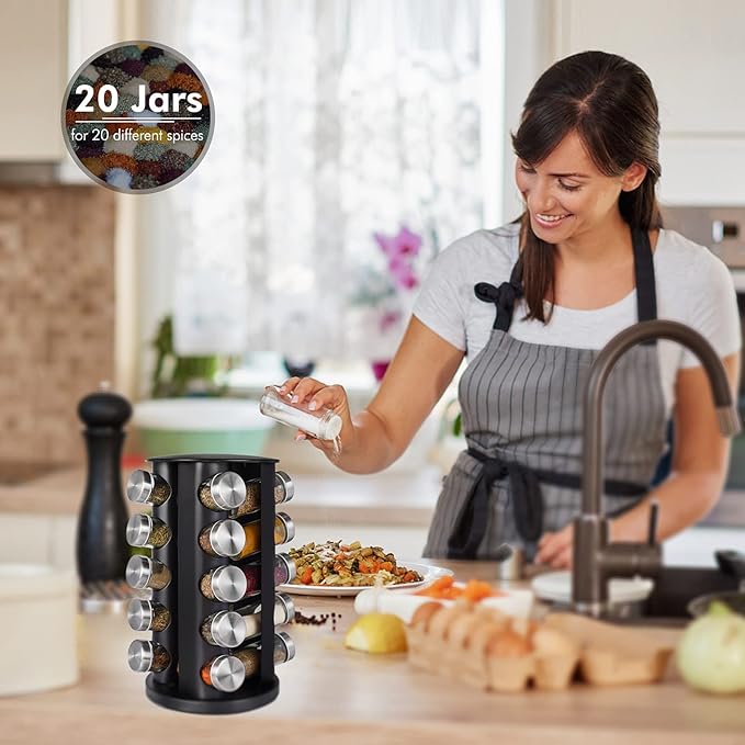 Baker Boutique Spice Rack, Spice Organizer for Countertop, Empty 20-Jars Rotating Rack, Spinning flavoring Rack Shelf, Revolving rack for Kitchen (Black)