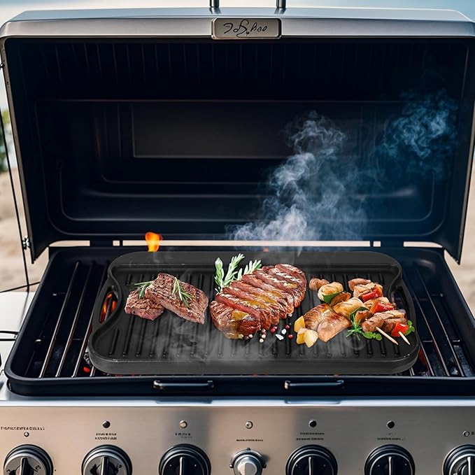 Large Cast Iron Griddle Insert, Skillet, Oblong Grilling Pan for Stovetop,Pre-Seasoned Stovetop Griddle Gas Stove Grill Plate Oven, 17" x 10" Reversible Pancake Pan for Weber,Charbroil etc.,1PC