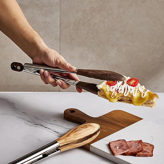 Lee's Clover Wooden Tongs for Cooking with Walnut Wood Tips & Stainless Steel Handle – Food & Kitchen Tongs for Serving, Salad, BBQ, Buffet, Grill (Small)