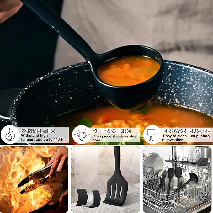 Silicone Kitchen Utensils Set, Umite Chef 22Pcs Cooking Utensils Spatula Set, Heat Resistant Non-Stick Silicone, Dishwasher Safe Cooking Gadgets Tools Set(Black)