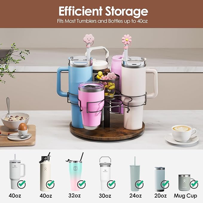 Water Bottle Organizer for 20/30/40oz Stanley & Other Large Tumbler, 6 Slots Stanely Cup Organizer with Straw Sleeve, Cup Bottle Holder for Cabinet Home Countertop Pantry Shelf, Vintage Brown